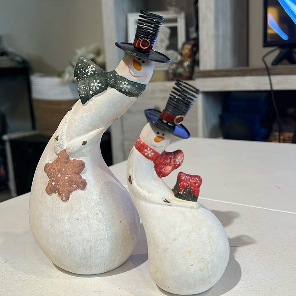 2 Peice Whimsical Snowman Set Ceramic 7" and 5” Tall
